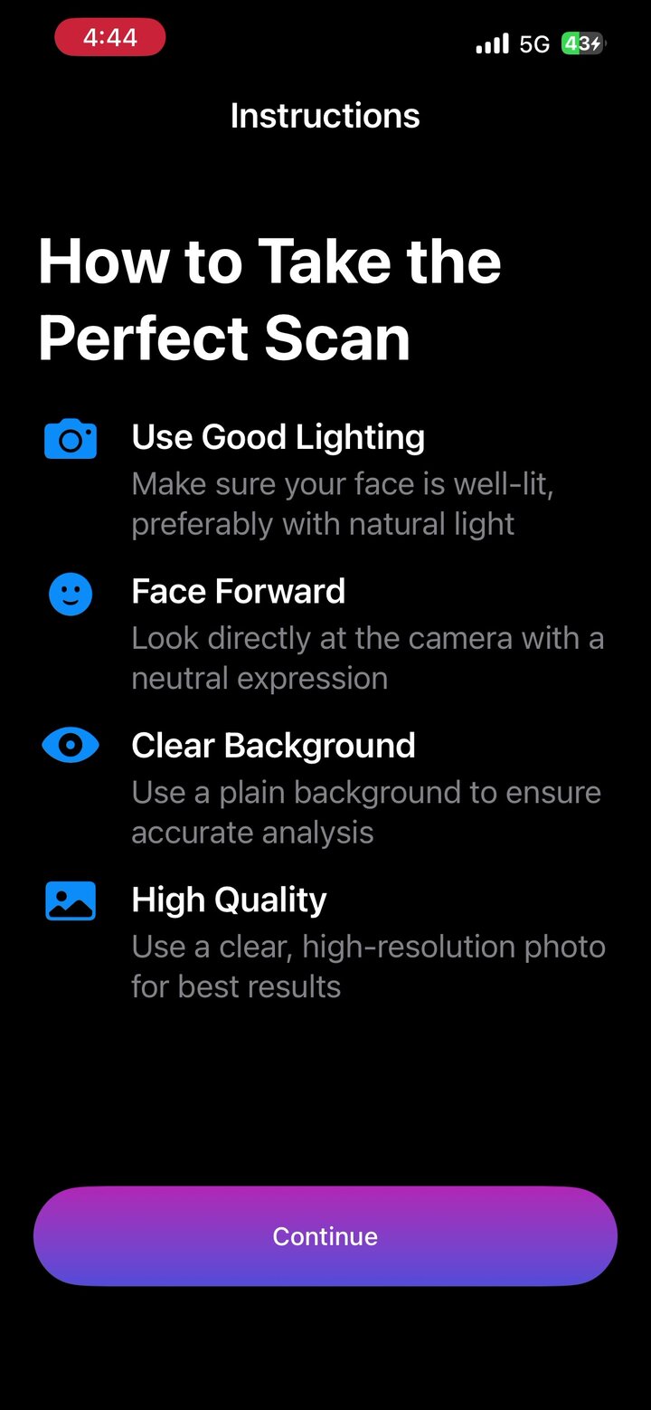 “How to Take the Perfect Scan” — Use Good Lighting · Face Forward · Clear Background · High Quality.
