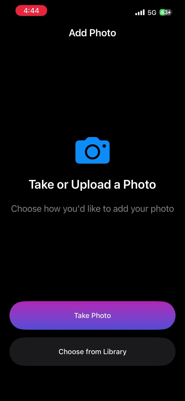 “Add Photo · Take or Upload a Photo.” Two CTAs — Take Photo (primary) and Choose from Library (secondary).
