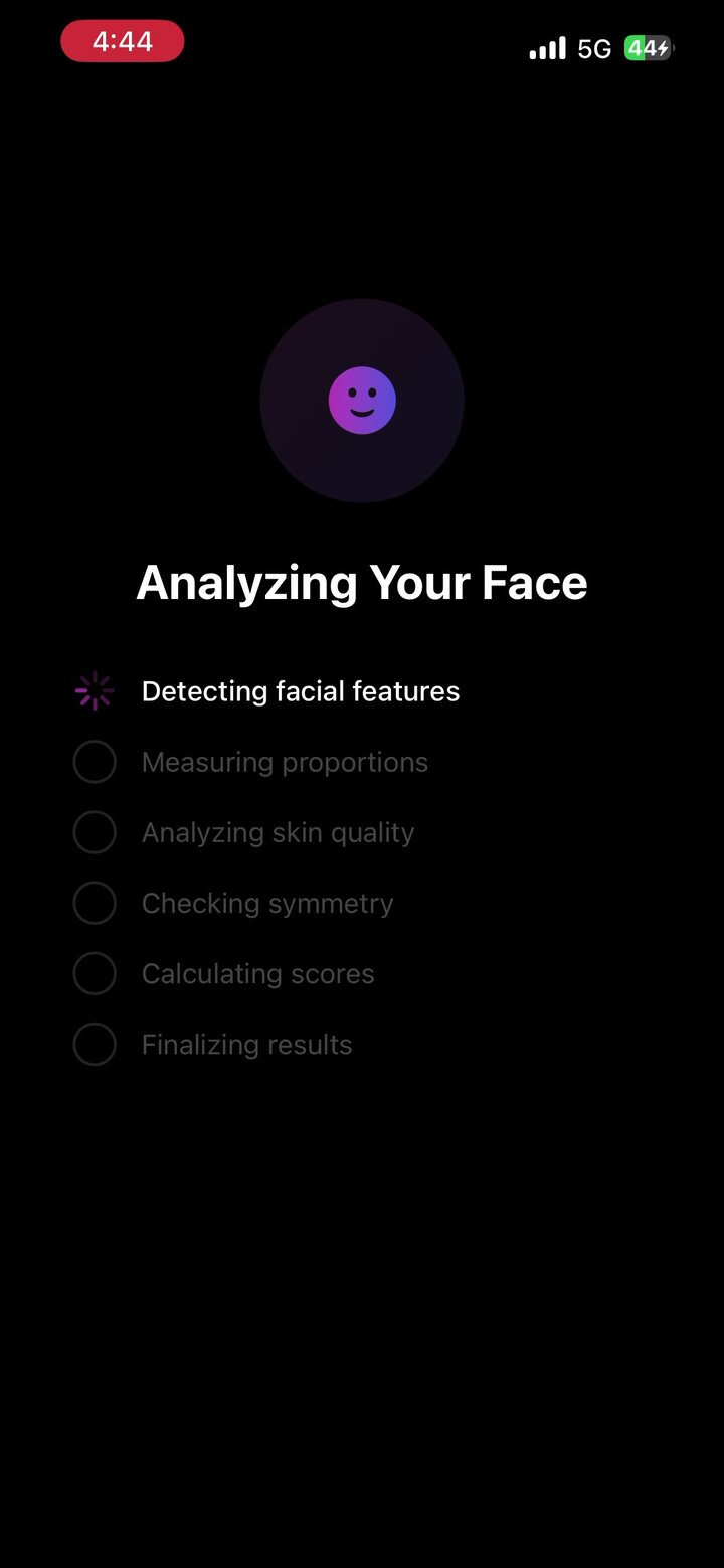 “Analyzing Your Face” fake-loader. Six-step list: Detecting facial features → Measuring proportions → Analyzing skin quality → Checking symmetry → Calculating scores → Finalizing results.