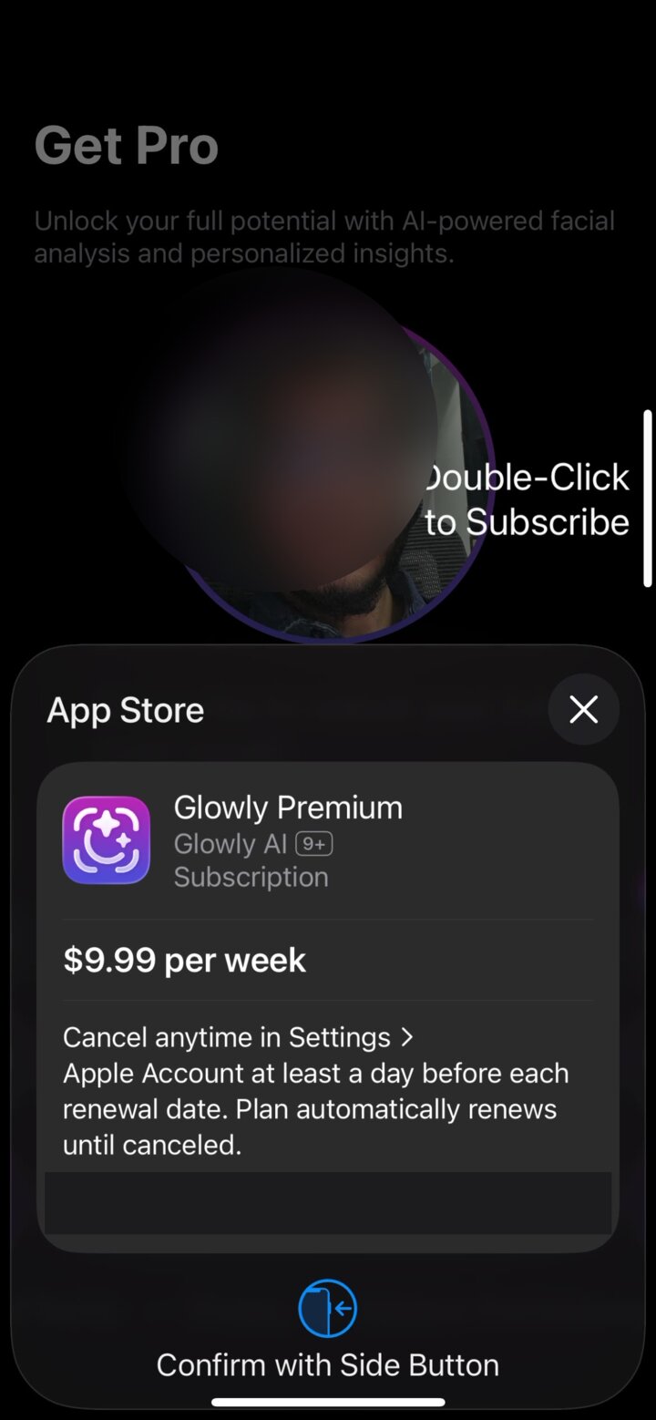 Apple App Store subscription sheet — confirmed $9.99 per week, “plan automatically renews until canceled.” No trial period. Account email redacted.
