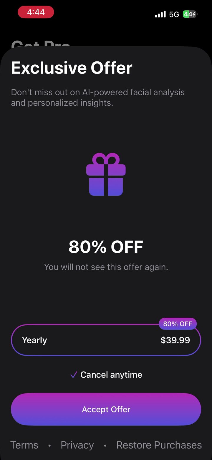 Downsell paywall. Triggers when the user dismisses the primary. “Exclusive Offer · 80% OFF · Yearly $39.99 · You will not see this offer again.” A single CTA, no plan toggles.