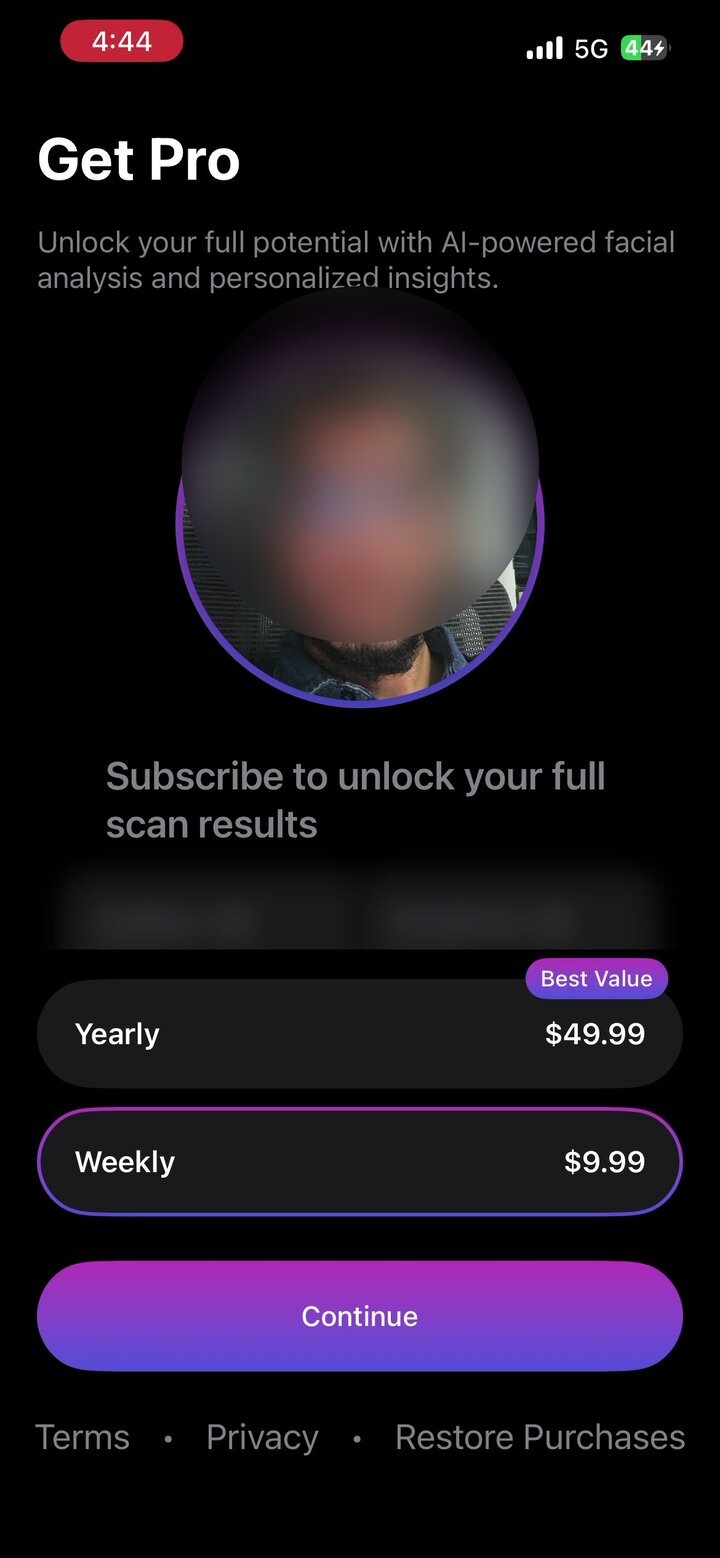Primary paywall. User's own selfie is rendered top-centre — the product is your face. Weekly $9.99 is pre-selected; Yearly $49.99 carries the “Best Value” tag. No free trial.